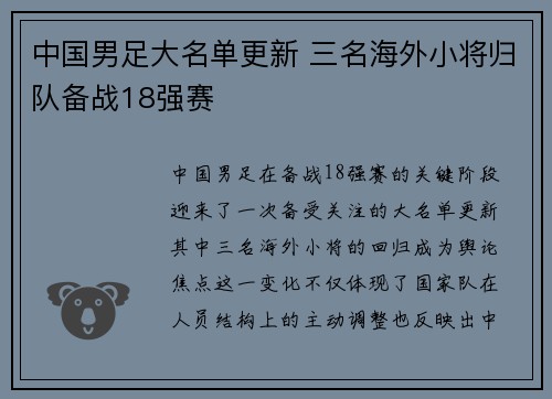 中国男足大名单更新 三名海外小将归队备战18强赛