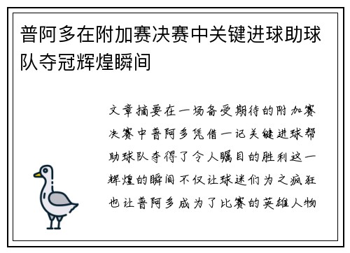 普阿多在附加赛决赛中关键进球助球队夺冠辉煌瞬间