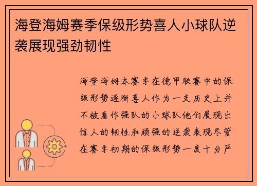 海登海姆赛季保级形势喜人小球队逆袭展现强劲韧性